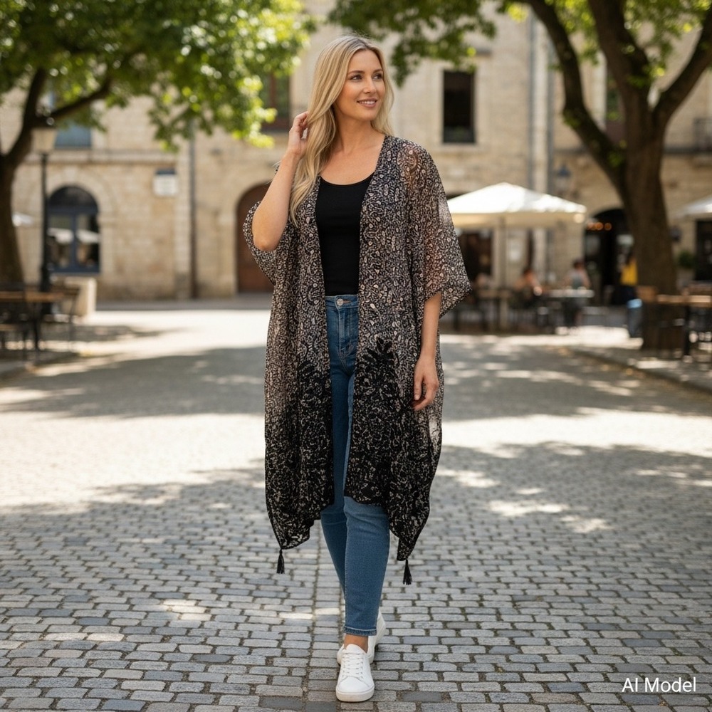 DR2 Kimono Wrap Women M/L Black Tan Velvet Burnout Floral Paisley Sheer Tassel